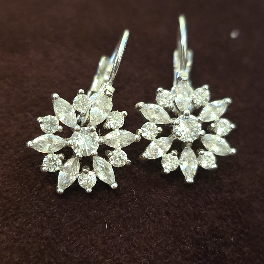 Sterling Starburst Leverback, CZ Crystal Stud Earrings